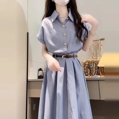 2025新型韓国系学院風ブルー半袖シャツワンピース子供夏気質ウエストロングスカート女装