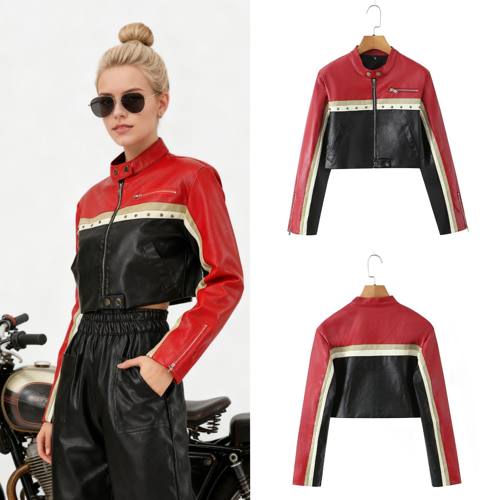 Cross-Border 2025 Trendy Color-Blocking Pu Leather Stand Collar Cool Stylish Women's Leather Jacket Biker Jacket Motorcycle Jacket