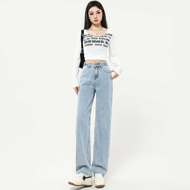 American Style Spring and Summer Light Blue High-Waisted Adjustable Buckle Loose Wide-Leg Drapey Versatile Slimming Straight-Leg Jeans Wholesale