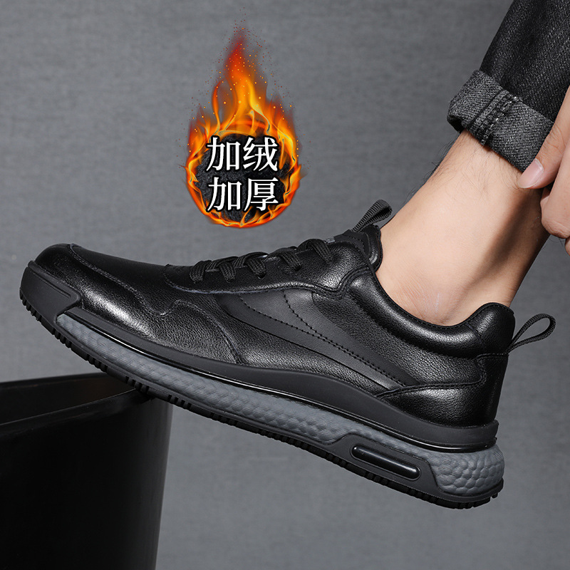 Genuine Leather Sneakers for Men, Autumn and Winter, Fleece-Lined, Warm, Casual Travel Shoes, Men's Popcorn Thick-Soled Dad Shoes 2638