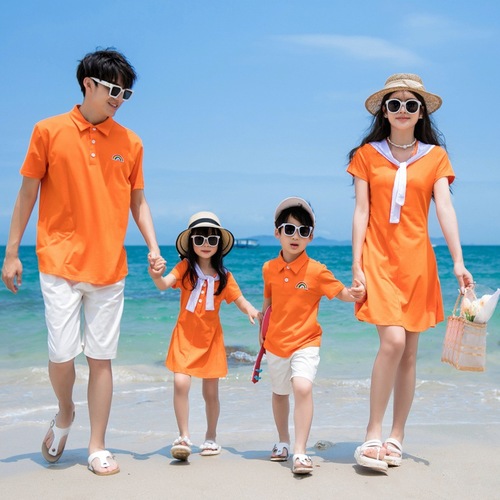  Trendy High-End New Parent-Child Clothes Short-Sleeve Summer Mother-Daughter Dress Polo Shirt Family Set for Three