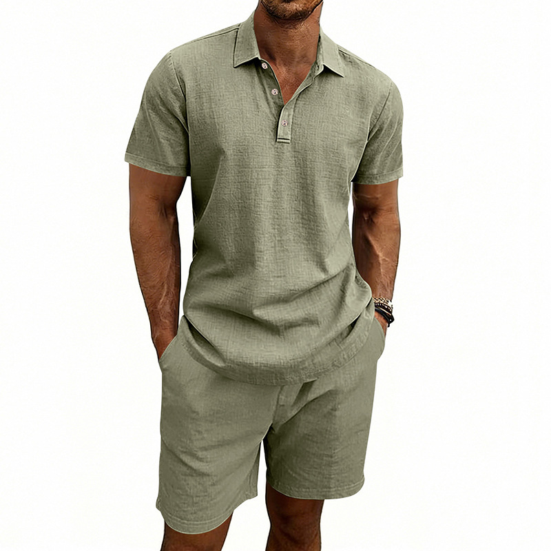 Ensemble polo et short de plage décontractés en lin, style américain, pour homme, idéal pour l'été, les vacances et les trajets quotidiens. Grandes tailles disponibles. Coupe ample. Polo à revers simple et coupe simple._voghion.com