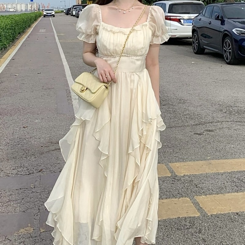 Summer New Style 2026 Slightly Tipsy Sweet Tea Irregular Elegant French Square-Neck New Gentle Fairy-Style Long Dress