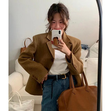 现货 韩国东大门博主款复古羊毛呢西装2025春秋黄棕色短款外套