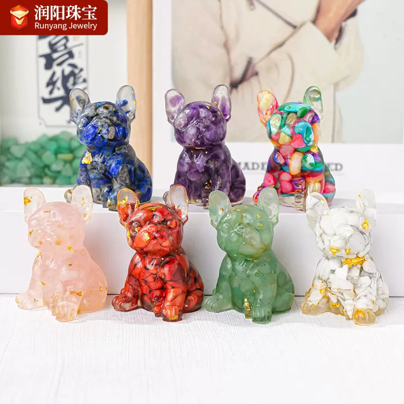 天然水晶碎石滴胶法斗犬树脂工艺品水晶哈皮狗家居装饰礼品摆件
