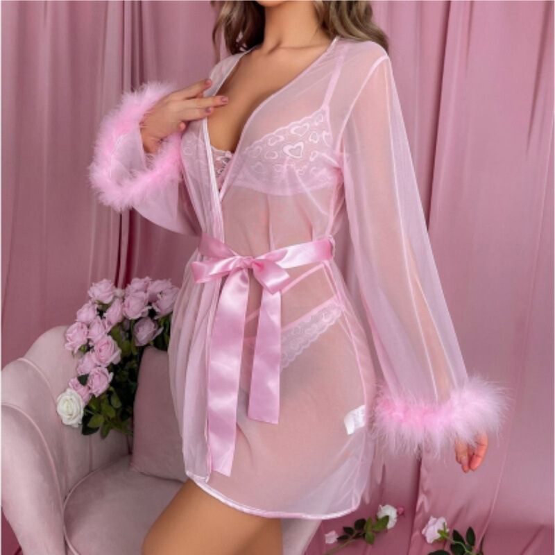 Amazon foreign trade European and American style Christmas clothing lace perspective uniform coat bra sexy underwear three-piece robe Amazon foreign trade European and American style Christmas clothing lace perspective uniform coat bra sexy underwear three-piece robe