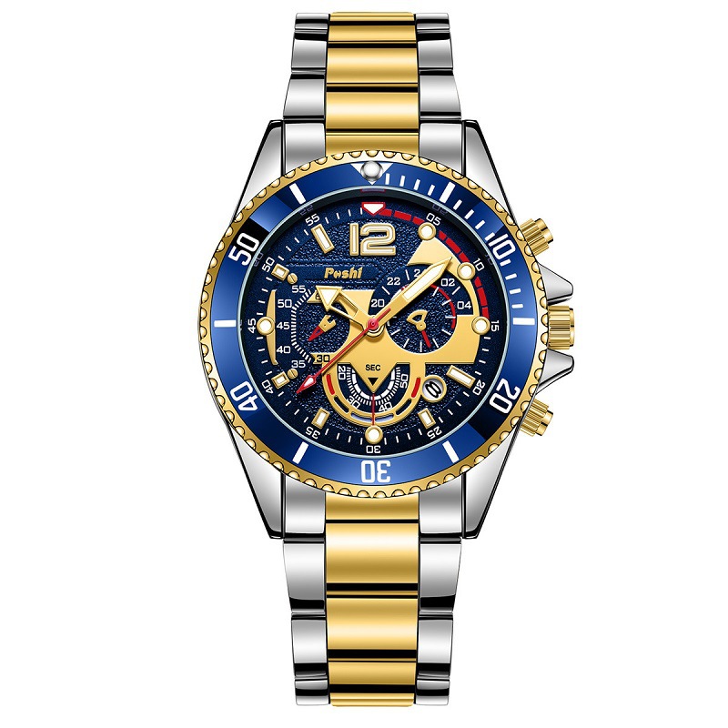 POSHI transfronteriza caliente de los hombres de moda de acero inoxidable de negocios reloj luminoso puntero con calendario de cuarzo reloj de los hombres