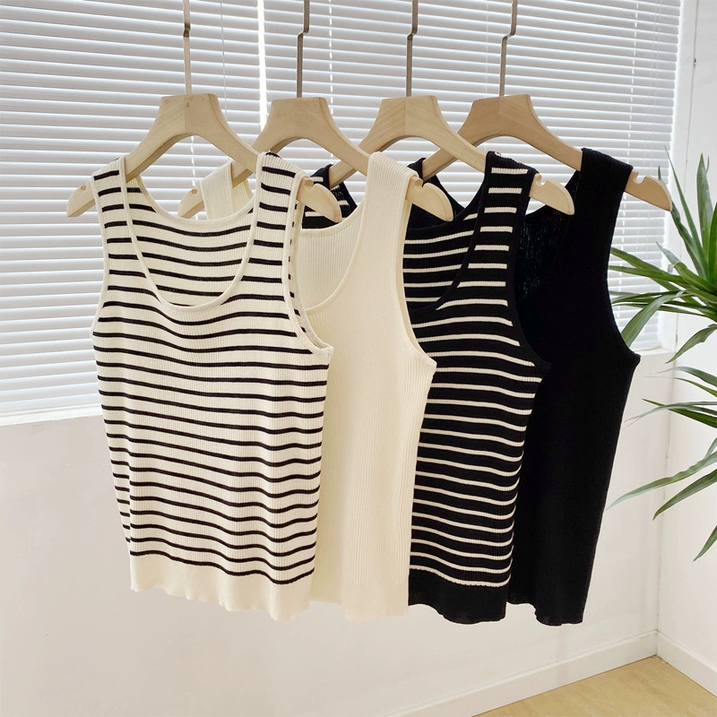 Лето 2022 корейский стиль Вязаный жилет в тонкую полоску Tencel с круглым вырезом без рукавов мягкий эластичный большой 2223