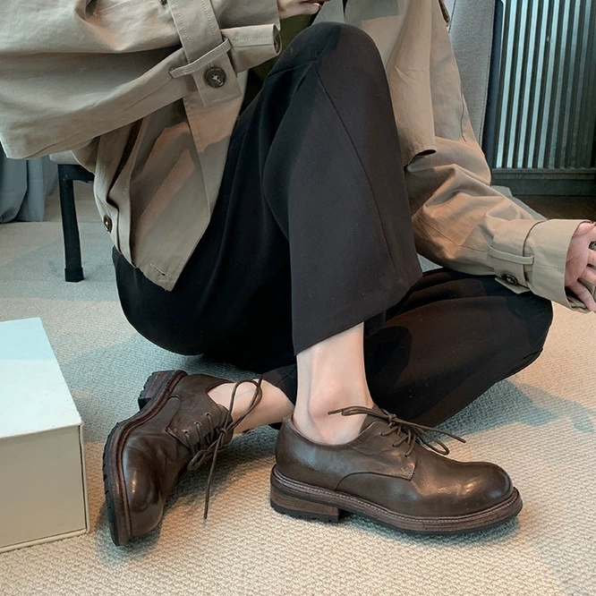 Коровья кожа версия ~ Кожаные туфли на толстом каблуке ретро маленькие кожаные туфли женские британские шнуровки новые туфли на толстой подошве Оксфорд Леффорд туфли