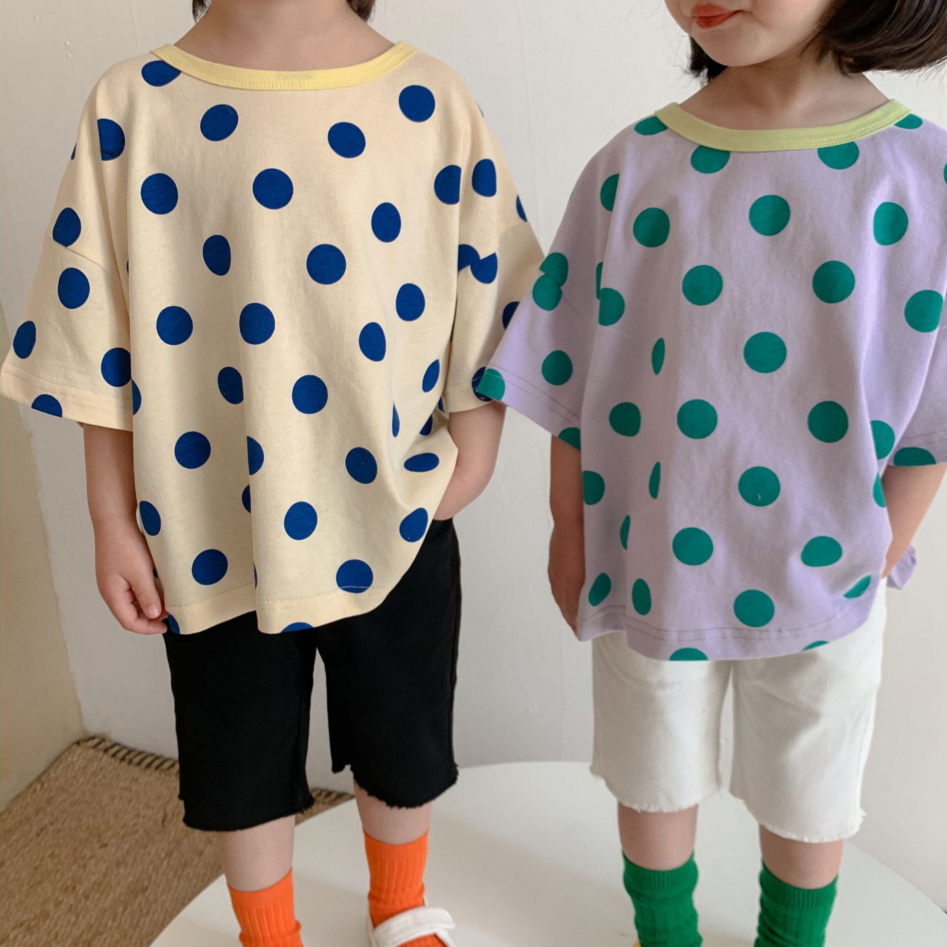 Korean Summer Children's Clothing New Children's Polka Dot T-shirt for Boys and Girls Baby Collar Polka Dot Korean Version Short Sleeve Top