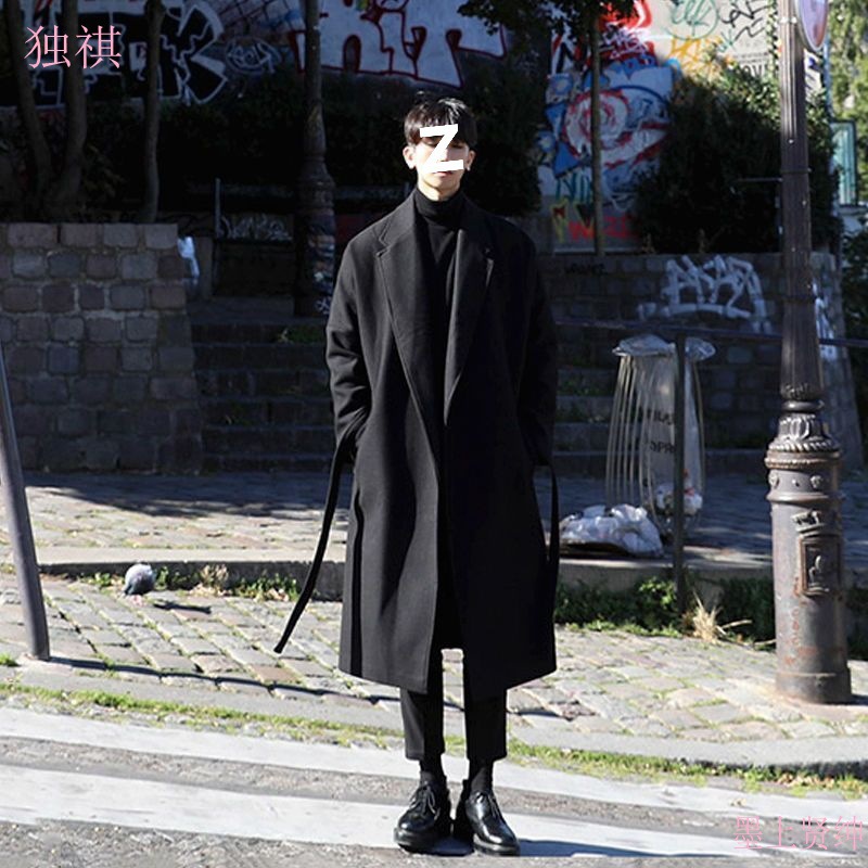 Men's long overcoat, knee-length, Korean style, mid-length, padded and thick woolen coat for autumn and winter.