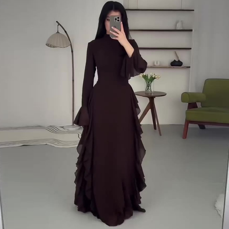 2026 New European and American Amazon Cross-Border Foreign Trade Women's Clothing Dark Brown Ruffled Waist-Cinching Simple and Elegant Dress