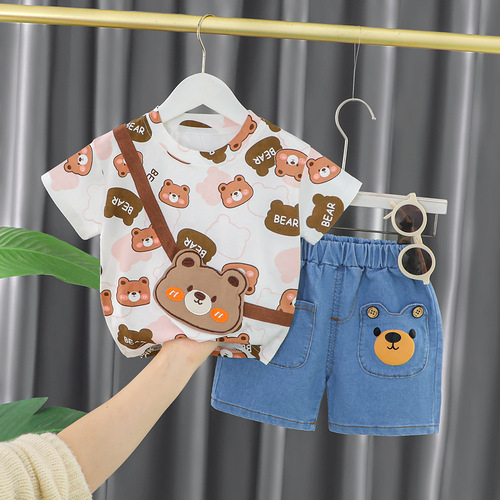 Children's clothing, boys' summer clothing, stylish full-print bear suit, baby's summer handsome and cute short-sleeved baby clothes