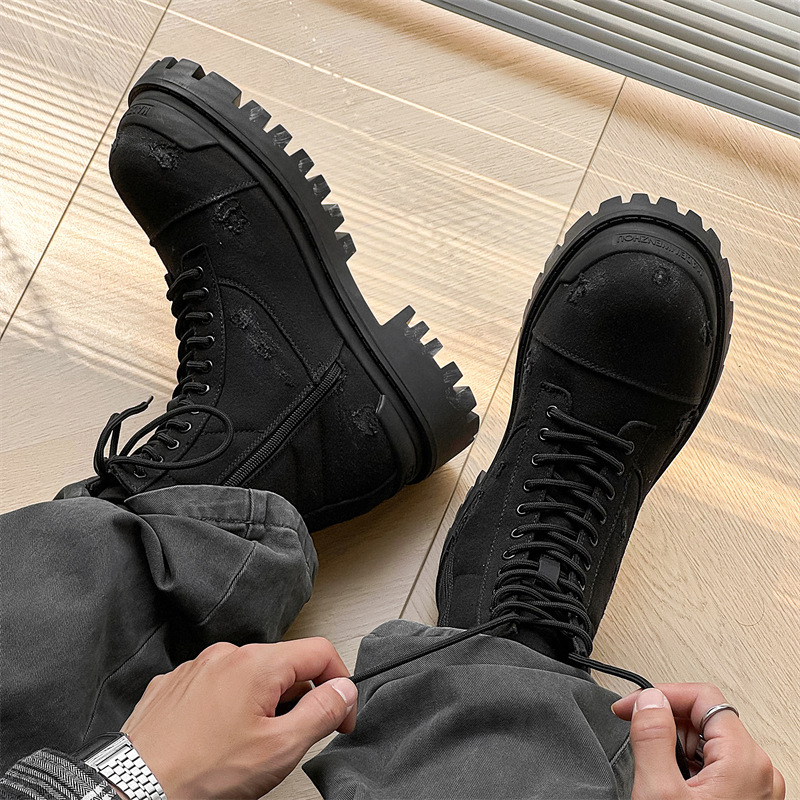 Men's Canvas Martin Work Boots, Black High-Top with Thick Soles | Height Boost