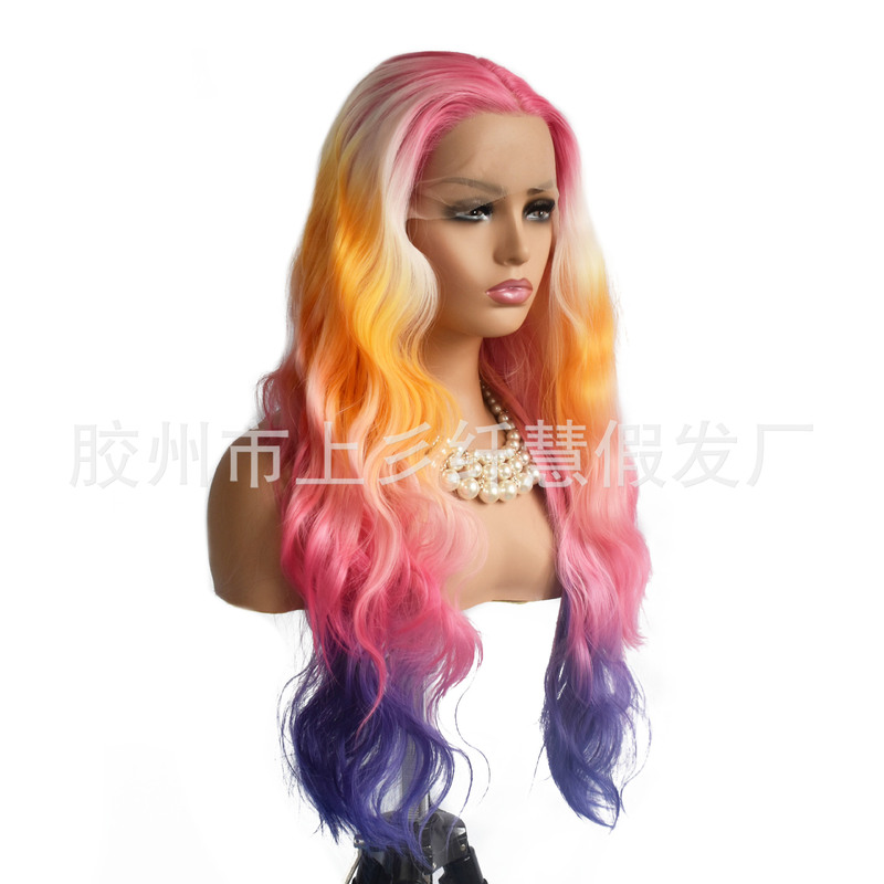 European and American Wig T-Shaped Front Lace Chemical Fiber Silk Gradient Headgear Ladies Big Wave Dyed Wig Manufacturer Wholesale