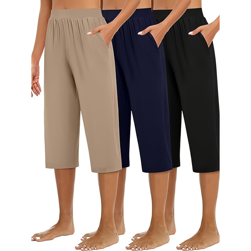 2026 Cross-Border 3-Piece Set of Women's Capri Sweatpants Wide-Leg Pleated Capri Pants