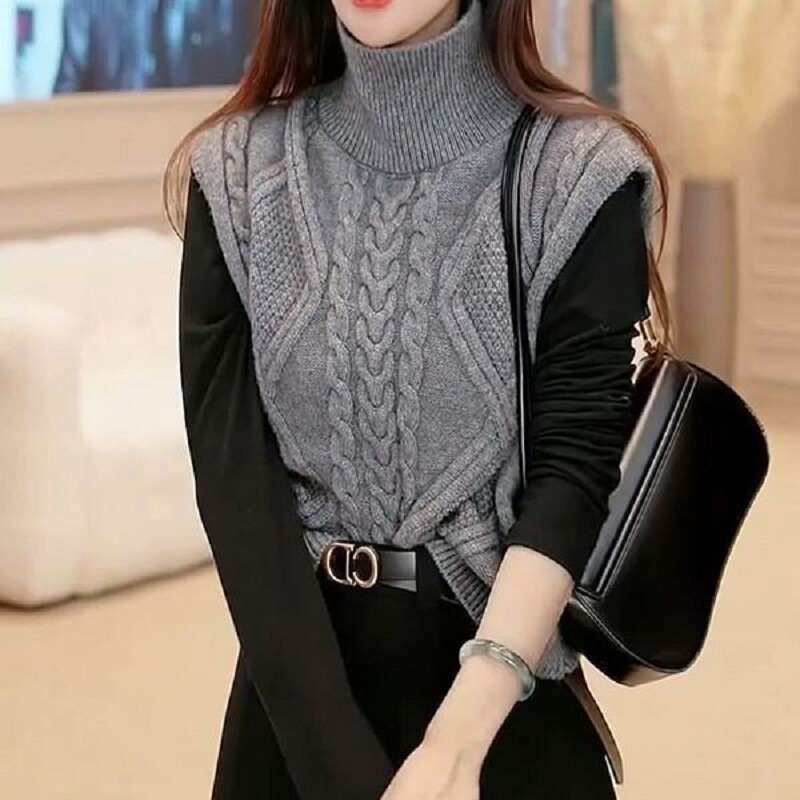 Turtleneck Twist Sweater Vest Women's Autumn and Winter New Outwear Commuter Lazy Style Layered Pure Color Knitted Vest Top
