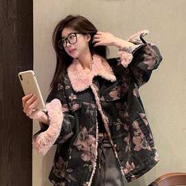 2025秋冬新款美式设计感炸街加厚牛仔外套女小个子印花复古棉衣潮