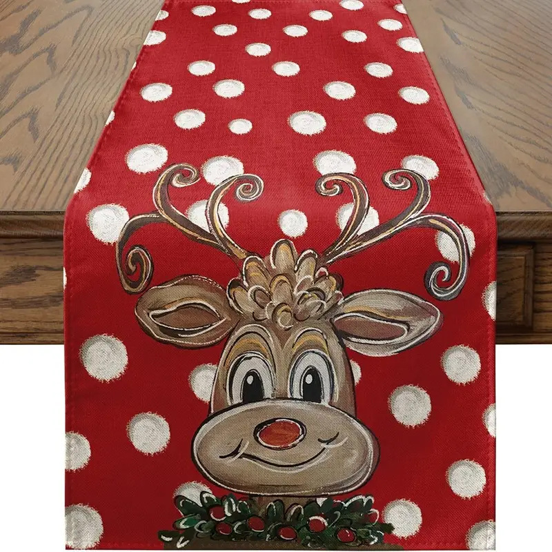 Camino de mesa navideño con estampado de muñeco de nieve y Santa