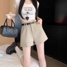 卡其色阔腿西装短裤女夏季薄款外穿高腰宽松显瘦休闲四分a字热裤
