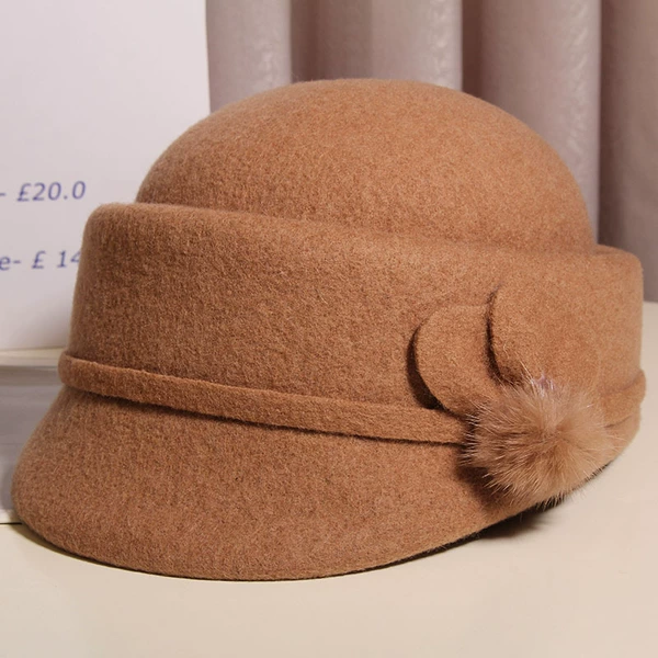 3-leaf floral pom-pom concave top wool equestrian hat, camel