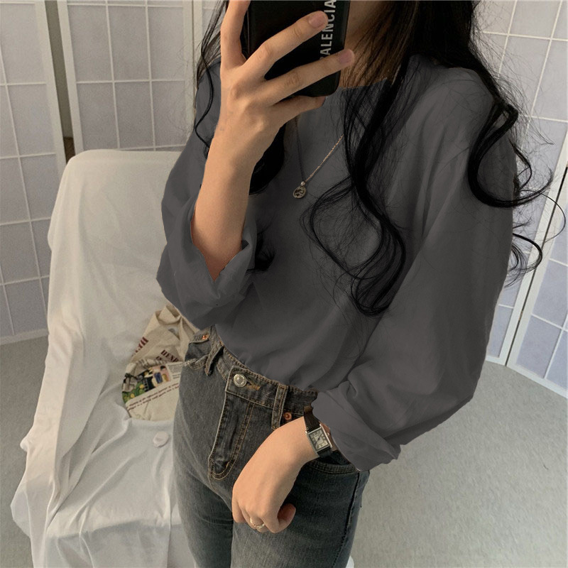 Camiseta básica blanca para mujer, estilo BM de manga larga, nueva colección de principios de otoño 2025, versión coreana, camiseta holgada negra con cuello redondo. image 8