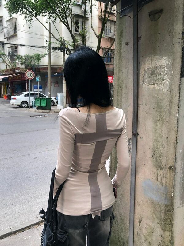 [260g cotton modal] splicing patch long sleeve T-shirt women's slim shoulder base shirt top khaki
