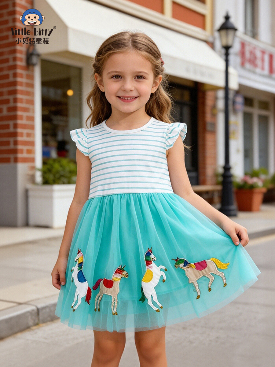 Cross-Border Children's Clothing 26 Years Spring/Summer Girls' Ruffle Sleeve Mesh Dress with Unicorn Embroidery Children's Wholesale in Stock