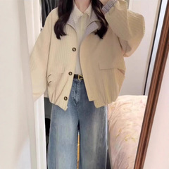 日系复古格纹短款夹克外套女2025春秋新款小众设计感撞色开衫上衣