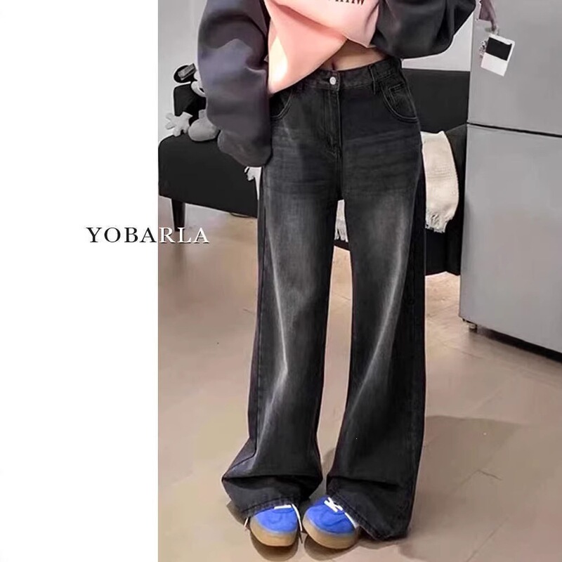 Black and Gray Straight-Leg Jeans for Women, New Spring/Summer Style, Plus-Size, Loose Fit, Flattering for Pear-Shaped Body, High-Waisted Wide-Leg Pants