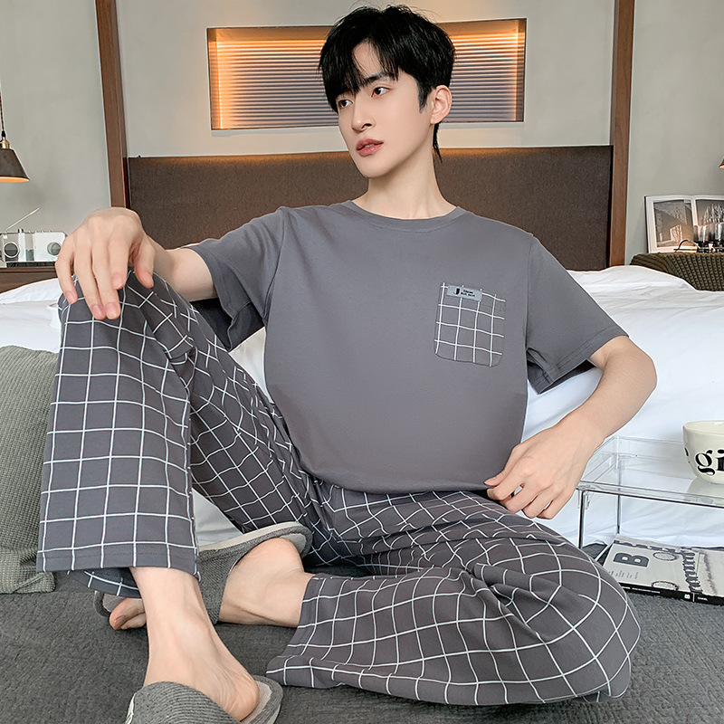 여름 남성용 반팔 잠옷, 바지, 체크무늬 슈트, 심플 캐주얼 루즈 플러스 사이즈, 집 밖에서도 입을 수 있는 옷