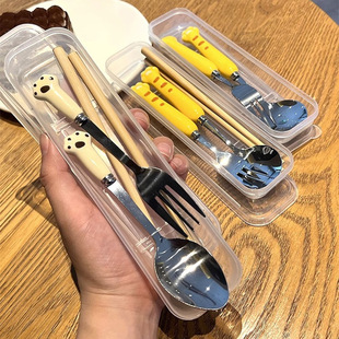 Christmas spoon primary school student fork spoon chopsticks household three-piece spoon set storage box convenient tableware suit