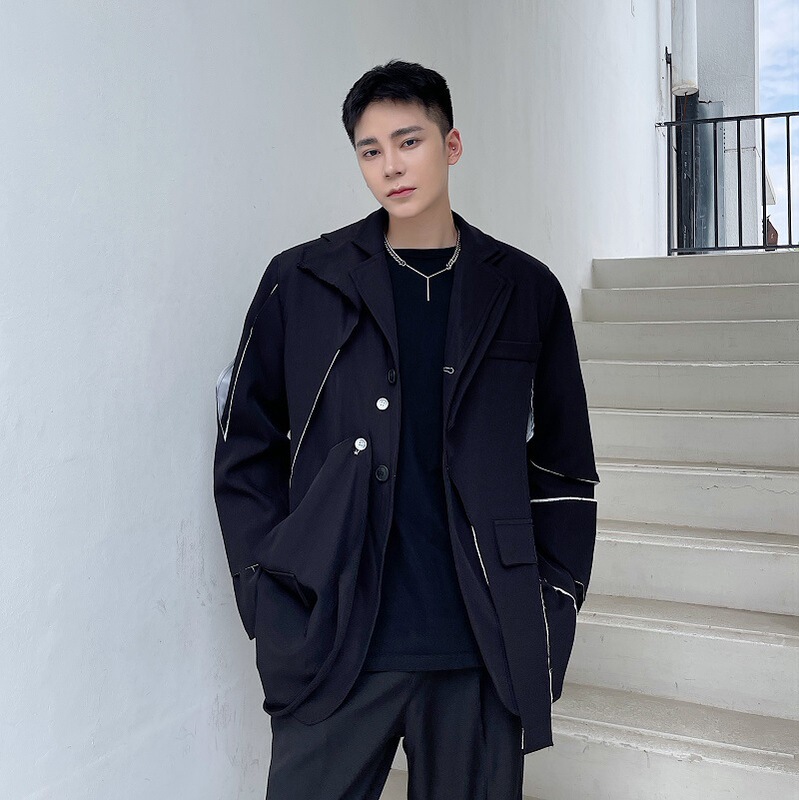 Three-dimensional cut dark suit Ruffian handsome Chelsea cut contrast color rough edge men's suit design feeling Autumn New Product