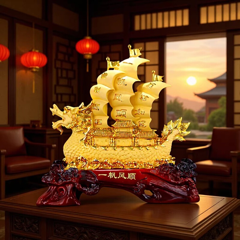 Chinese-Style Dragon Boat Ornament for Smooth Sailing, Good Luck in Business, Office Entrance Decoration, Wealth-Attracting Resin Craft for Housewarming