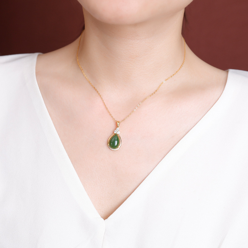 Mặt dây chuyền bạc S925 mạ vàng đá Jasper tự nhiên hình giọt nước dát ánh sáng — Mẫu bạc (không bao gồm dây chuyền)