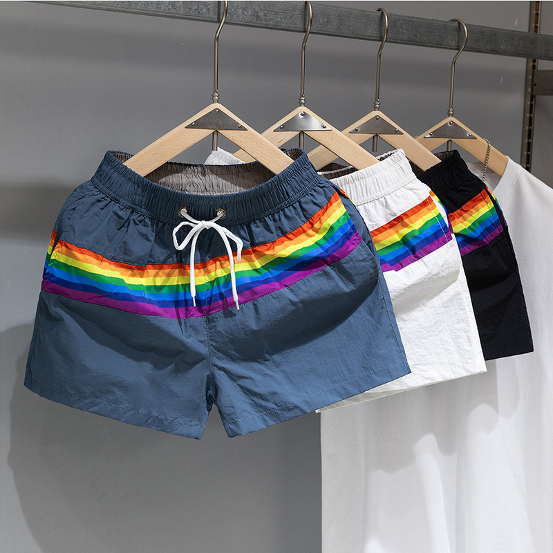 Men's Trendy Beach Shorts Loose Fit Rainbow Stripe Casual Sports Fashion Three Quarter Length Summer Bottoms_viptrois.com