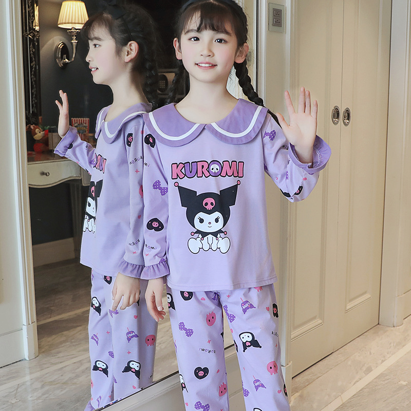 15 años de edad nueva primavera y otoño de los niños pijamas de manga larga de las mujeres lindo princesa muñeca collar de las mujeres mayores de algodón peinado desgaste del hogar de los niños