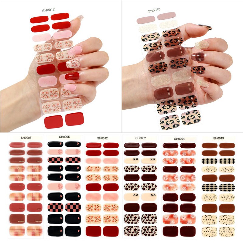 Cross-Border Amazon Gel Nail Stickers 20-Piece Semi-Cured Nail Stickers with Curing Lamp Waterproof Full-Cover Fluorescent Iridescent
