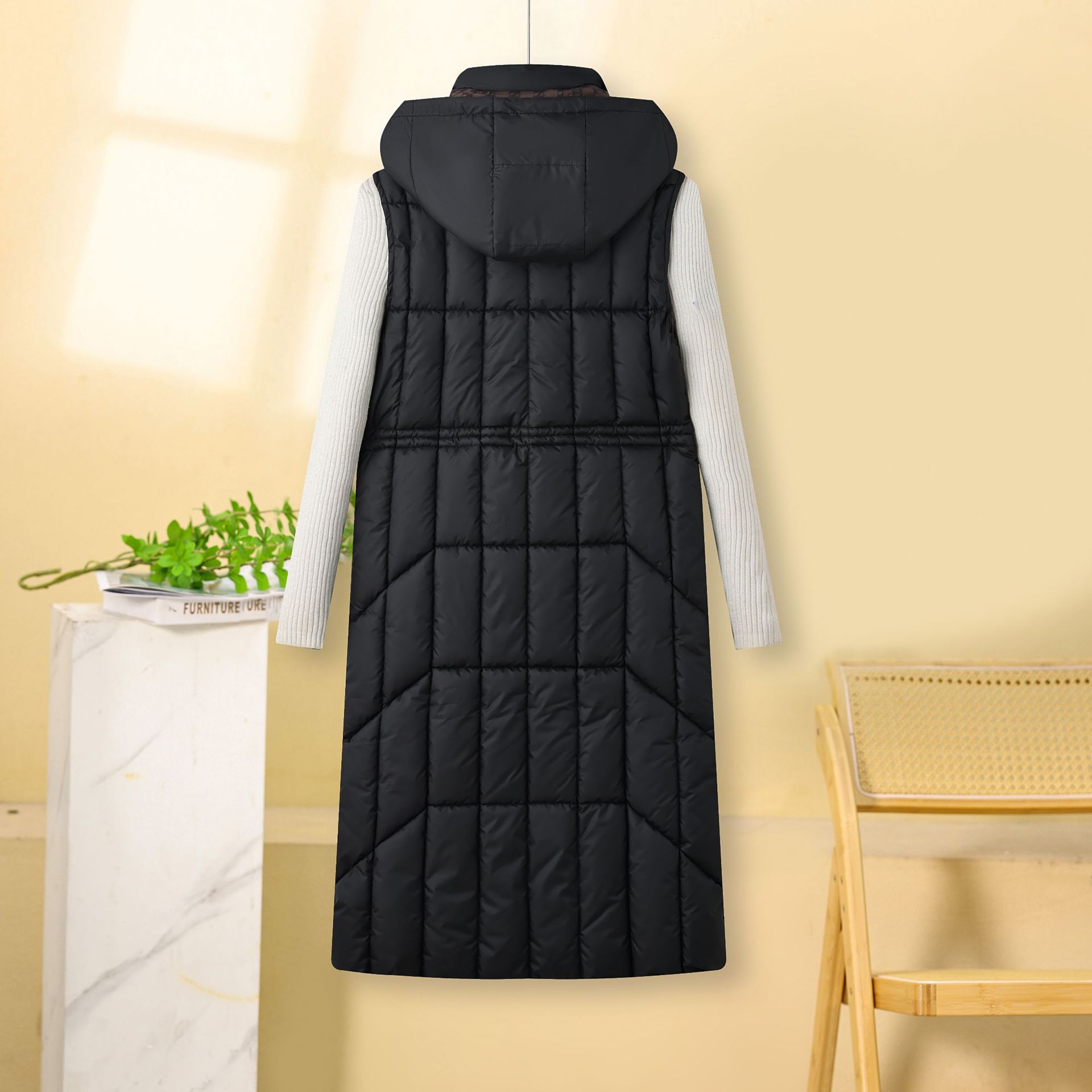 Cappotto gilet in cotone double face da donna – Piumino lungo e sottile invernale coreano, caldo capospalla reversibile (nero/bianco sporco/marrone/cachi, L-XXXL)_voghion.com