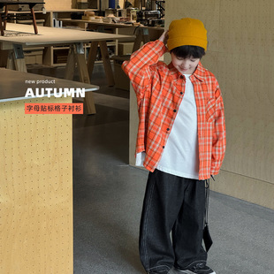 Tongku 2025 Boys Autumn Huzhou Zhili Children's Clothing Western Style Letter Label Plaid Lapel Loose Children's Shirt