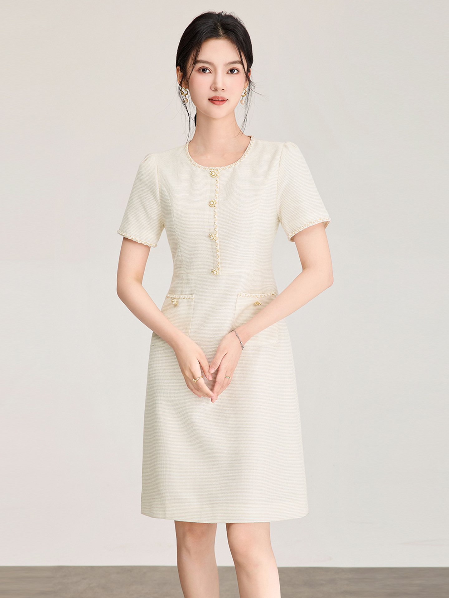 Đầm suông midi tay ngắn phong cách Pháp, kiểu tiểu thư sang trọng — màu mơ