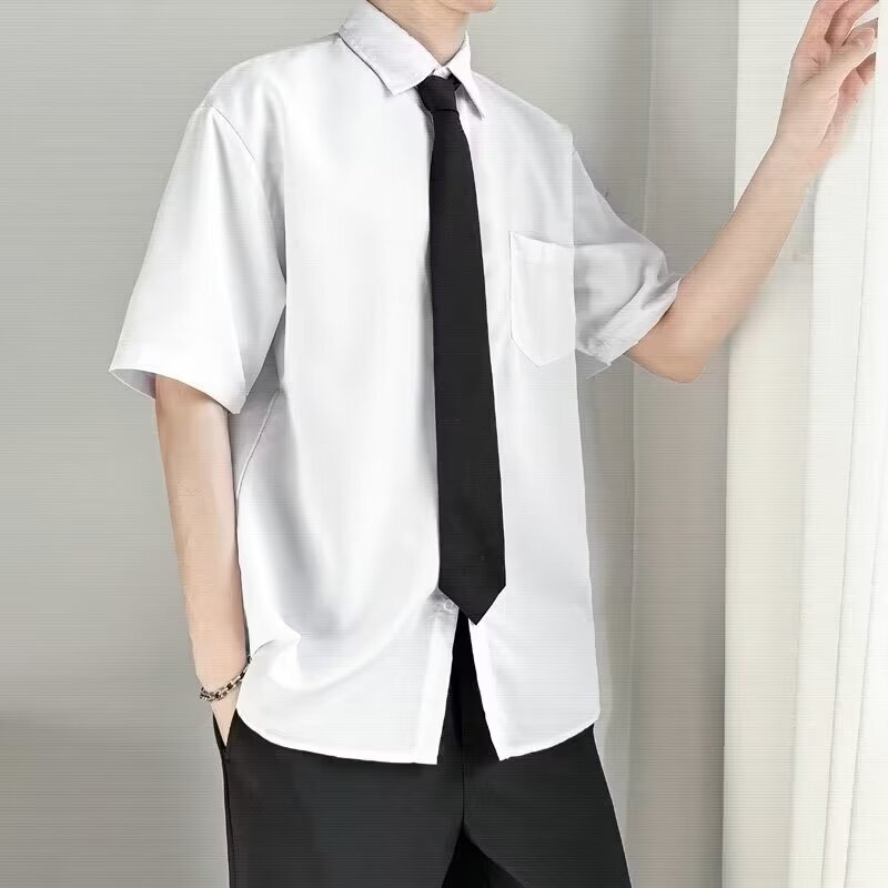 Summer Tie Short-sleeved Shirt Men's College-style Korean-style Fashionable All-match Handsome Students Japanese-style Hong Kong-style White Shirt