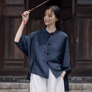 夏季薄款上衣女新款中式复古盘扣茶服防晒空调衫棉衬衫女