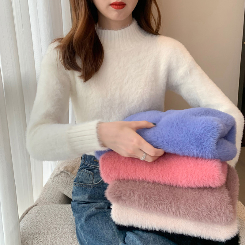 半高领仿水貂绒毛衣女短款秋冬打底衫毛绒绒软糯马海毛上衣ins