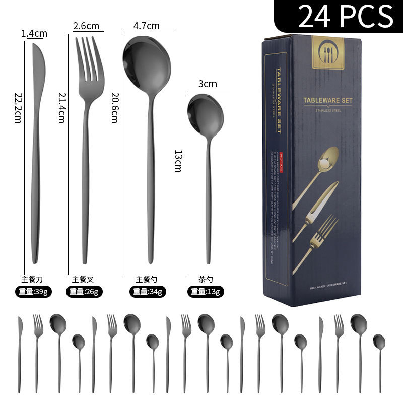 Amazon transfronteriza de 24 piezas de acero inoxidable occidental vajilla traje 1010 cuchillo, tenedor y cuchara de oro natural de almacenamiento en rack caja de regalo