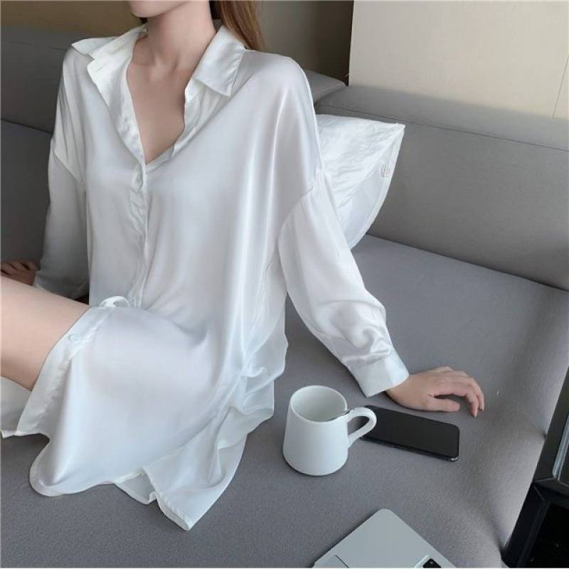 2025 New Sexy Pajamas Women's Spring and Summer Ice Silk Underwear Temptation White Long Sleeve Cardigan Large Size Shirt