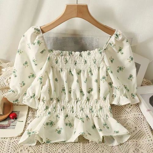 French square collar bubble sleeve women's 2025 summer one-shoulder top with fresh and clean waist-cinching short floral shirt