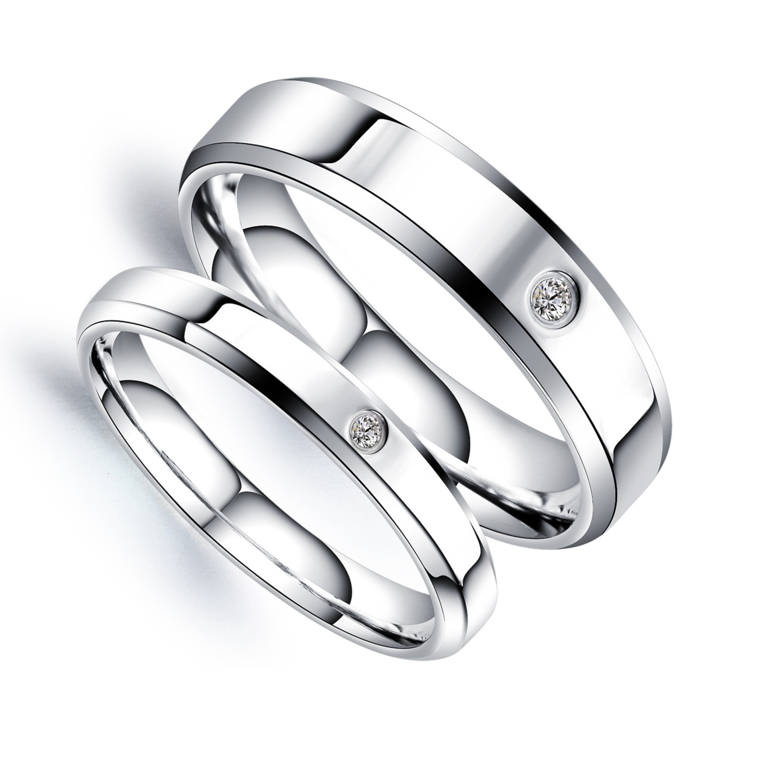 跨境镶钻不锈钢对戒 钛钢情侣戒指光面简约单钻指环小众情侣饰品