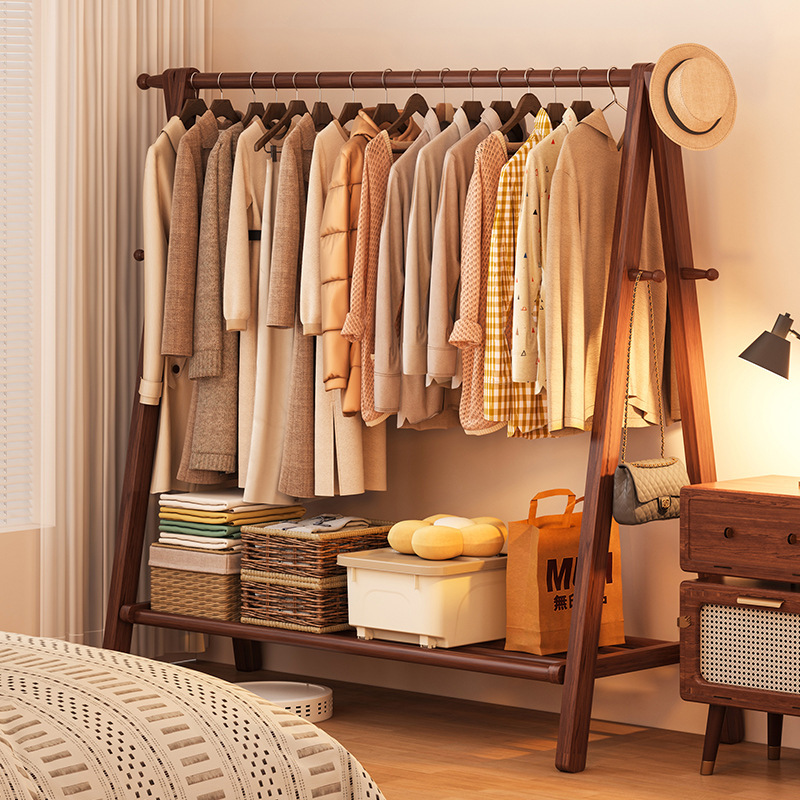 Solid Wood Clothes Hanger Floor-Standing Bedroom Coat Rack Household Clothes Drying Rack Wooden Clothes Hanger Indoor Clothes Storage Rack
