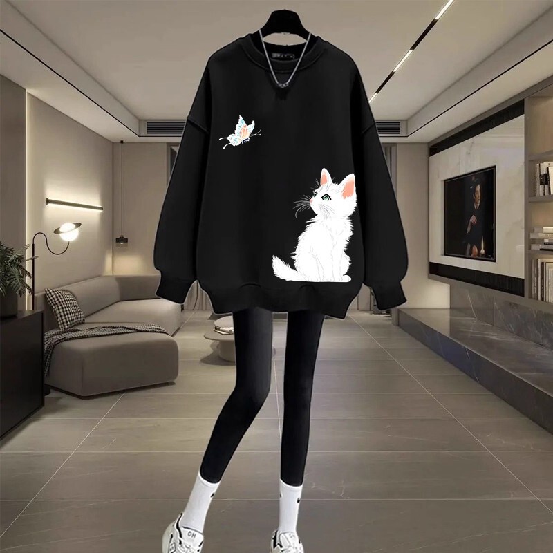 Black Round Neck Hooded Sweatshirt for Women 2025 New Popular Autumn and Winter Velvet Thickeneded Top Loose Versatile Jacket